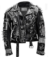 Black and White Studded Leather Jacket Men, Steampunk Studded Jacket, Cowhide Leather Patchwork, Dead Kennedy Clothing, Skull Social Jacket,